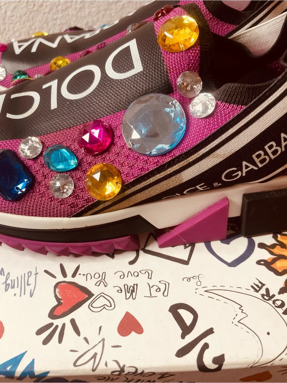Dolce & Gabbana Hot Pink Jeweled Logo Slip-On Sneakers